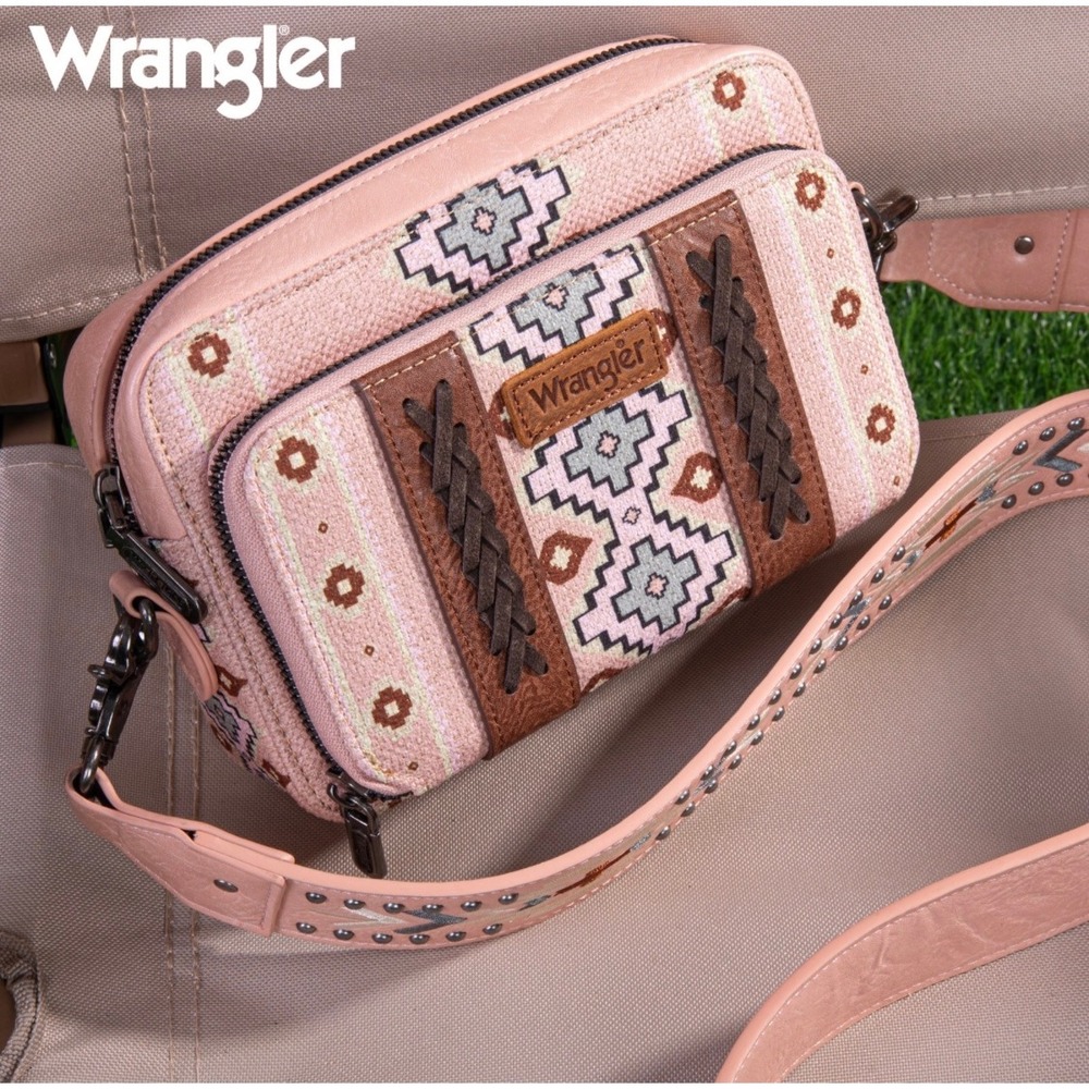 Wrangler Crossbody Bag Women  Pink Aztec Canvas PU Leather Western Organizer New - Picture 3 of 8